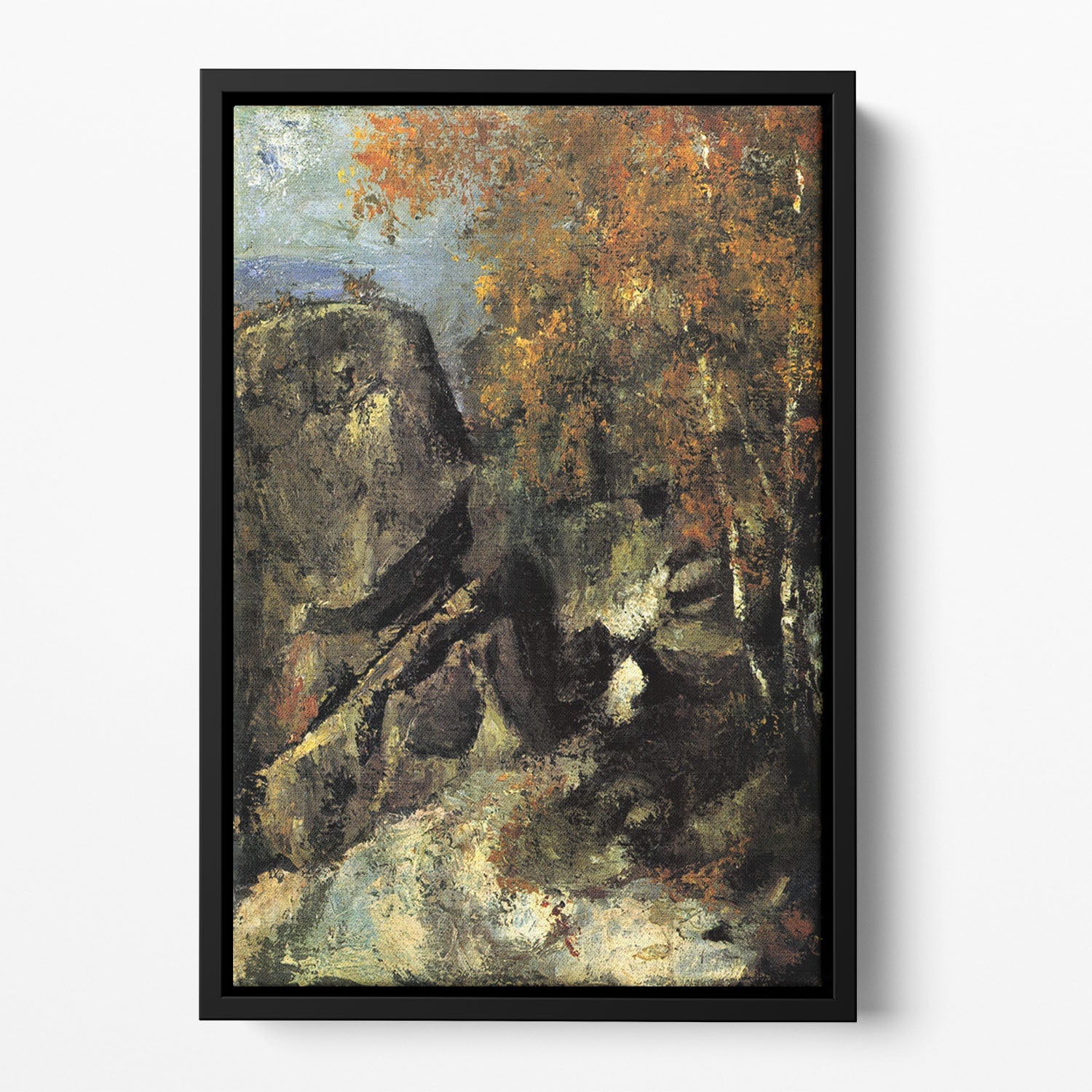 Floating framed canvas of Cezanne's 'Rocks in Fontainebleau Forest' showcasing vibrant colors and intricate details.